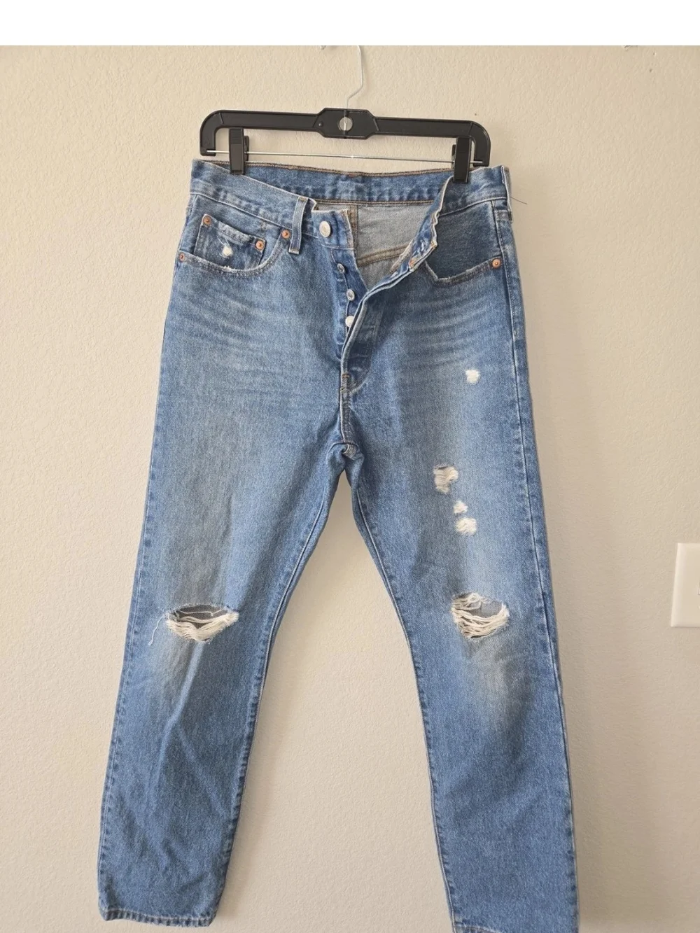 Levis 501 Distressed Button-Fly Blue Denim Jeans
